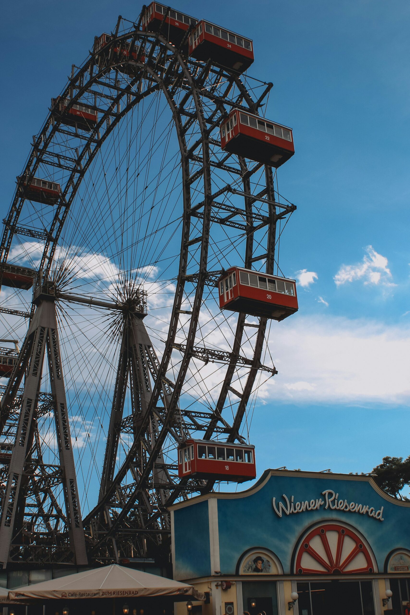 Vienna, Austria: guida city break tra Hofburg, Schönbrunn e caffè storici 5 Wiener Riesenrad al Prater di Vienna con cabine rosse e insegna Café-Restaurant Zum Riesenrad