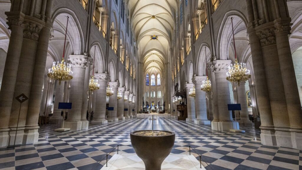 The baptistery designed by French artist and designer Guillaume Bardet as Emmanuel Macron visits the restored interiors of Notre Dame Cathedral, Friday, Nov. 29, 2024 in Paris
