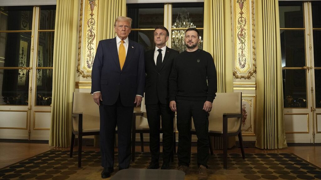 French President Macron, center, poses with President-elect Donald Trump, left, and Ukraine